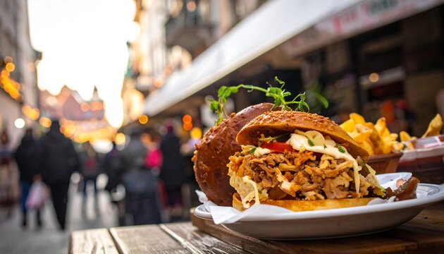 Street food burger and fries, city backdrop