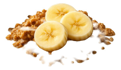 Square black dish featuring a single portion of oat clusters and milk, garnished with banana slices.