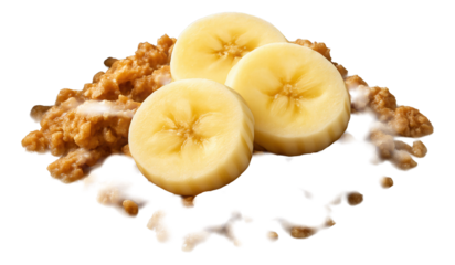 Square black dish featuring a single portion of oat clusters and milk, garnished with banana slices.