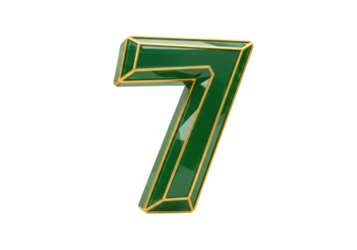 Isolated glossy green number seven with gold trim, rendering of numeric digit symbol, sign