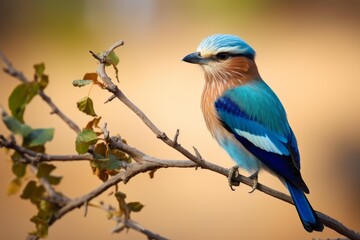 Fototapeta premium Colorful indian roller bird perched on a branch, displaying its vibrant plumage against a soft, blurred background