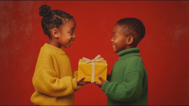 An African - american girl in a yellow winter sweater presents a gift box to an African - american boy in a green sweater. The children stand against a plain red background. The children are happy and