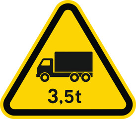 Yellow triangular warning sign with black truck icon and 3.5t text traffic weight