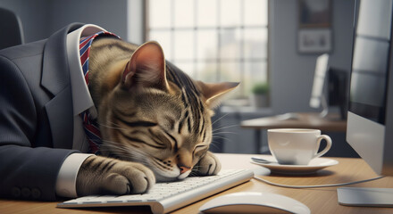 Exhausted Cat Employee Sleeping at Desk