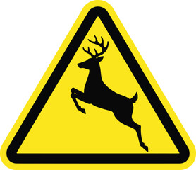 Yellow triangular warning sign with black silhouette of a leaping deer animal caution