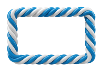 Rectangular frame with rounded corners, intricately twisted 3D rope border, glossy blue and white stripes, candy cane style, on white background with copy space, Concept for festive branding and