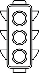 Black outline traffic signal with three circular lights and visors control road