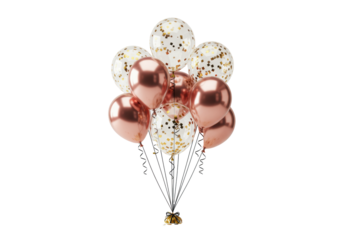 Vibrant cluster of glossy rose gold, metallic champagne, clear confetti-filled balloons with black ribbons and scattered gold/black confetti on a white background, elegant celebration atmosphere