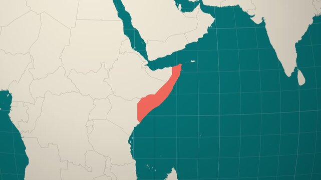 Somalia map. Animated zoom into the country on the Globe in Teal Pale Mint color palette. Country logo animation. Map with meridians, parallels. Captivating video.