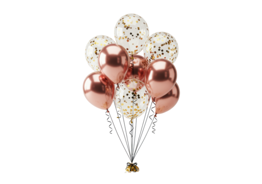 Vibrant cluster of glossy rose gold, metallic champagne, clear confetti-filled balloons with black ribbons and scattered gold/black confetti on a white background, elegant celebration atmosphere