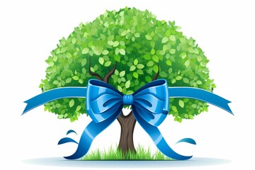 Vibrant illustration of a leafy green tree adorned with a large blue ribbon bow, symbolizing environmental awareness and celebration of arbor day