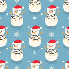 Cute snowmen seamless vector pattern. Perfect for textile, wallpaper or print design. Flat hand drawn illustration for winter Holidays .