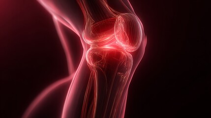 Obraz premium Explore the intricate details of a human knee joint illuminated with vibrant red hues, showcasing the internal structure and complexity of human anatomy