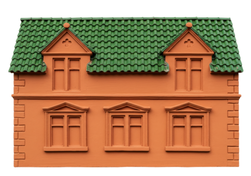 Isolated model of a two-story residential building with green roof against a neutral backdrop