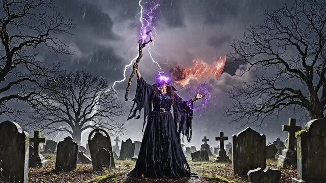Mysterious witch casting powerful spells with glowing magic in a stormy graveyard at night