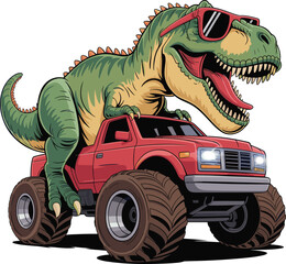 Cartoon T. rex on monster truck vector, green dinosaur with red sunglasses roaring atop red vehicle for kids, print, merchandise, humor, adventure © Hadiul
