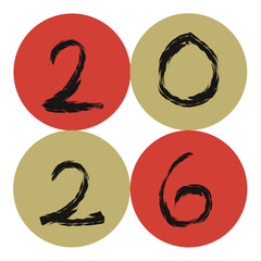 手書きの墨で描いた2026年2（数字・枠あり）