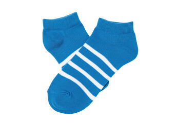 Isolated pair of blue ankle socks with white stripes for sports and everyday wear