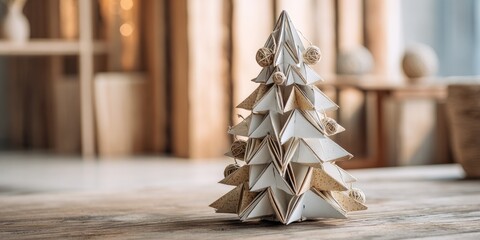 Minimalist Christmas tree made from recycled cardboard and natural fibers