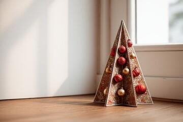 Eco cardboard Christmas tree with red and gold ornaments in sunlight