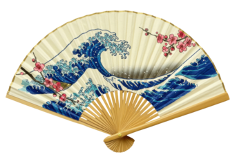 Isolated handheld folding fan depicting the great wave off kanagawa with cherry blossoms