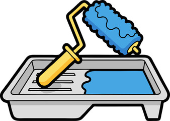 Cartoon Paint Roller and Tray with Blue Paint, Ready for Application