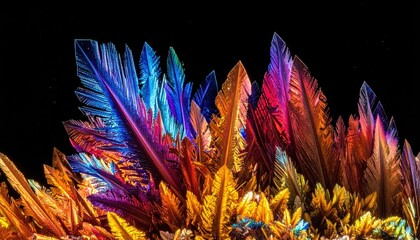 Colorful, abstract macro photograph of spiky, crystal-like structures against black