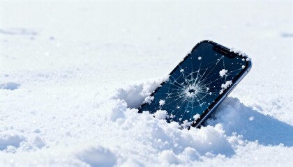 Broken mobile phone with cracked screen in deep winter snow