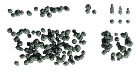 trees in the forest, top view, area view, isolated on white background, 3D illustration, cg render
