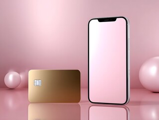 Minimalist composition of a blank smartphone screen and a golden credit card on a pastel pink reflective surface