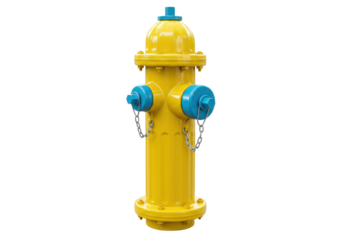 Isolated yellow and blue fire hydrant stands ready for use to fight fires outdoors