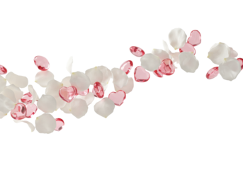 Numerous white rose petals and translucent pink glass hearts gracefully suspended in a wave pattern against a transparent background, Concept of love, purity, and celebration
