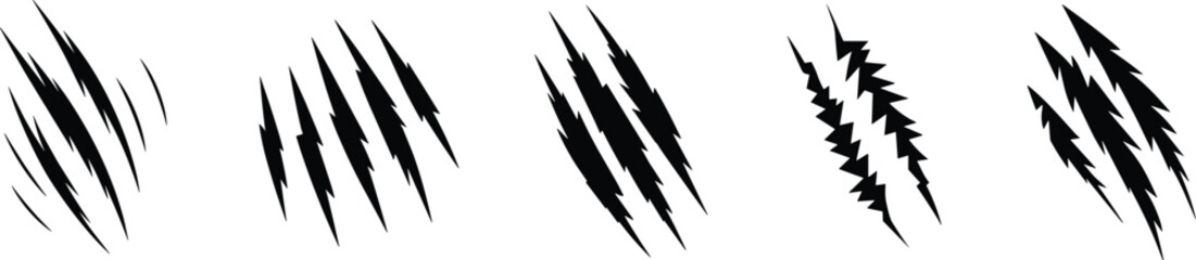 Claw mark vector set, jagged scratch designs, aggressive abstract shapes, black graphic elements, dynamic pattern collection, edgy illustration, stylized damage motif