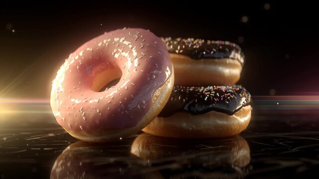 Pink and Chocolate Donuts with Sparkling Glaze &ndash; Sweet Dessert Cinematic Video