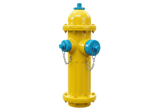Isolated yellow and blue fire hydrant stands ready for use to fight fires outdoors