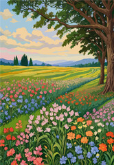 Colorful flower rows stretching through valley