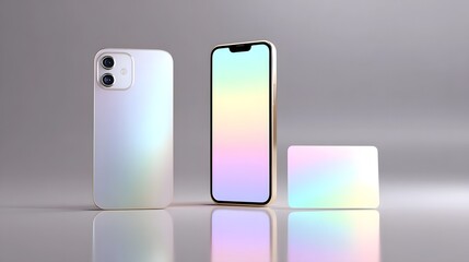 Minimalist arrangement of a smartphone and a blank card featuring pastel gradient colors on a reflective surface