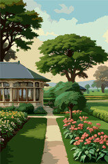 Elegant villa surrounded by green garden