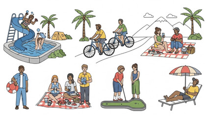 Naklejka premium Illustrated set of summer fun, vacation activities, and outdoor leisure