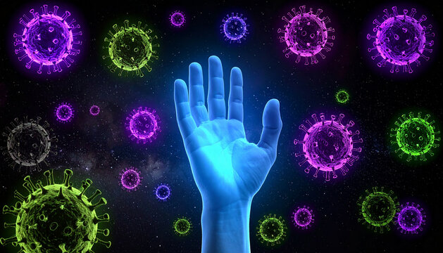 Health and defense concept: human immunity protecting against viral cells and pandemic threat