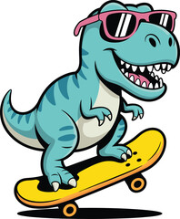 Cool cartoon dinosaur on skateboard, blue T-Rex with sunglasses, playful vector character, fun prehistoric animal, trendy design for kids, merchandise, print