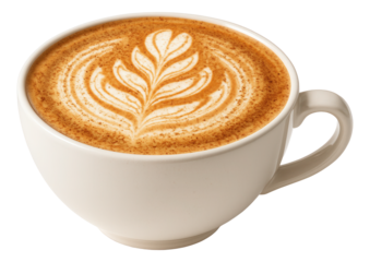 Latte art cappuccino in a wide-rimmed cup with a dusting of nutmeg and cinnamon on the froth