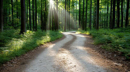 Obraz premium Serene path through lush forest, illuminated by golden sunlight, invites calm reflection