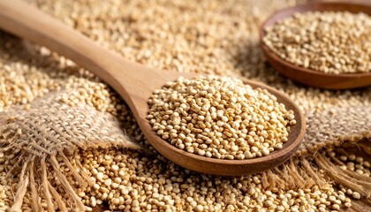 Close up of quinoa grains on a wooden spoon and burlap fabric.