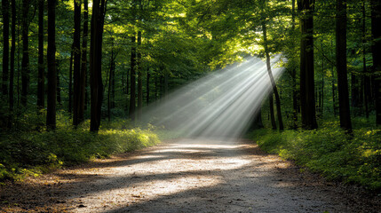 Fototapeta premium Path through forest with sunlight rays illuminating serene journey ahead