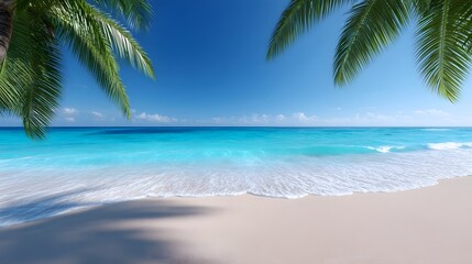 A tropical beach scene with palm fronds framing turquoise ocean waters under a clear blue sky conveying a sense of peace and relaxation
