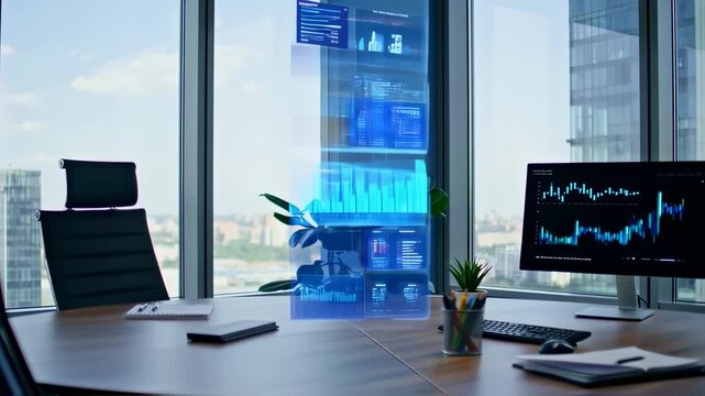 A Modern Office with Advanced Data Visualization Technology Showcasing Interactive Graphs and Analytics Insights through Transparent Displays and Computer Monitors