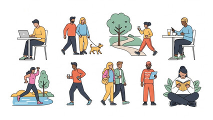Diverse People Engaging in Everyday Activities Walking, Working, and Relaxing