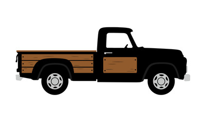 Vintage black pickup truck with wood panel sides classic american automotive transport transportation vehicle old school hauling isolated on white background