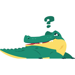 Adorable cartoon baby alligator with a green question mark above its head looking curious against a transparent white background